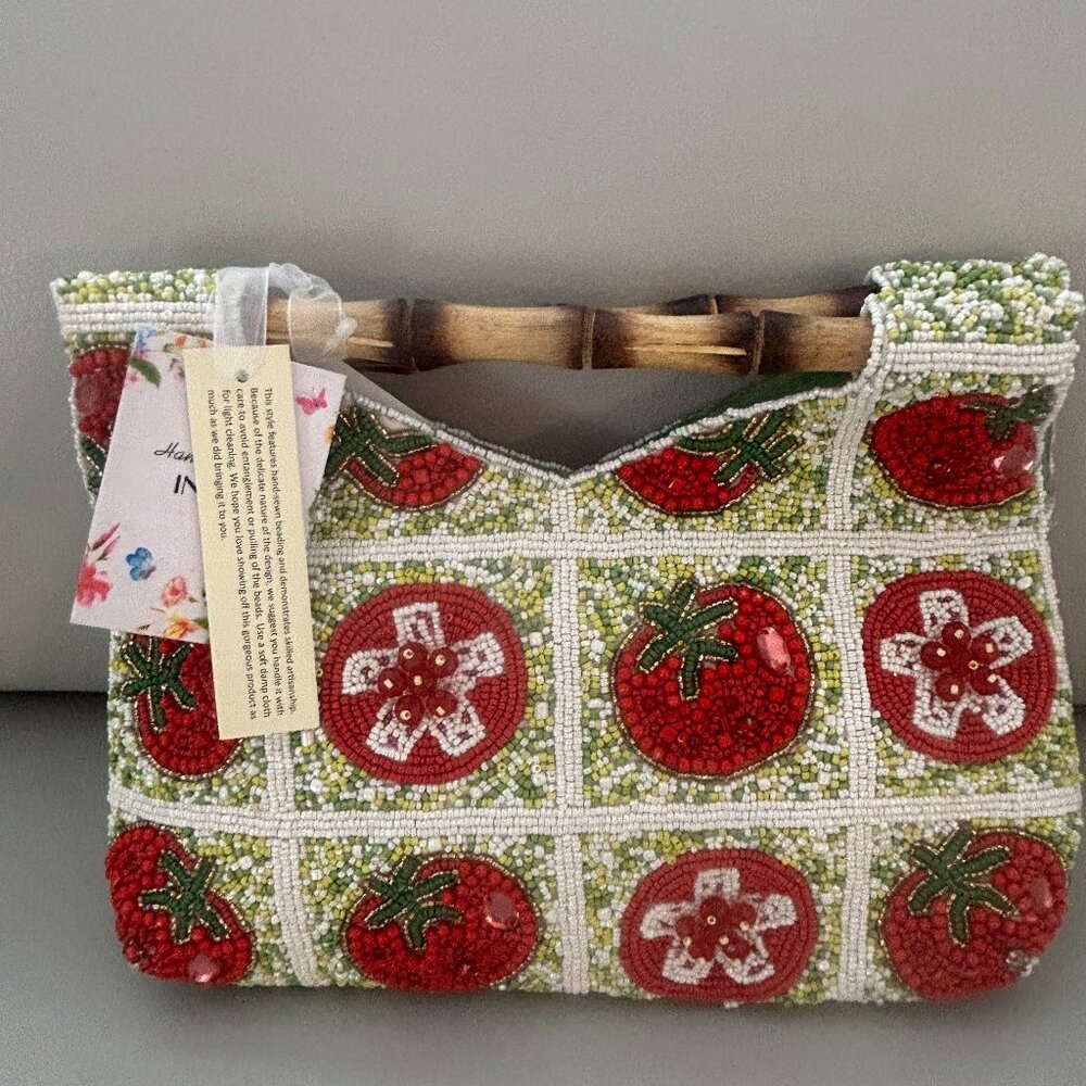 Handcrafted in India Beaded Bag Bamboo Handle Tomatoes Tik Tok Viral NWT